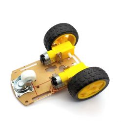 Robot Chassis Module with Motors and Wheels Robot chassis module with two yellow motors and attached wheels.