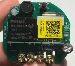 Circuit board with FANHAR relay and yellow label with QR code