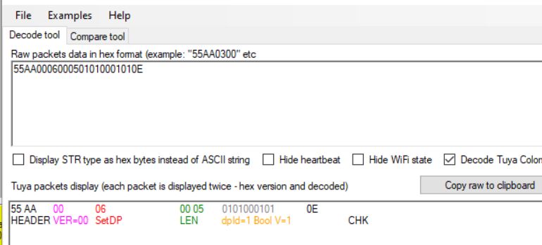 Screenshot of a tool decoding Tuya data packets in hexadecimal format