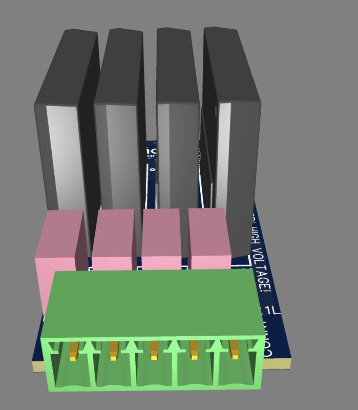 3D view of a circuit board with four black relays on top, four pink components, and a green connector at the front.