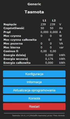 Tasmota interface screen showing voltage, frequency, current, and energy data for two phases L1 and L2.