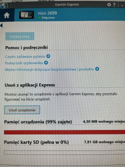 Zrzut ekranu z programu Garmin Express pokazujący problem z brakiem rozpoznania karty SD.