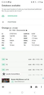 Zrzut ekranu aplikacji z danymi o sieci komórkowej Orange 4G LTE 800.