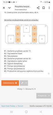 Schemat skrzynki przekaźników z opisem funkcji B1–B9 w pojeździe marki Seat