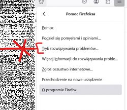 Zrzut ekranu menu pomocy Firefoxa z zaznaczoną opcją Tryb rozwiązywania problemów.
