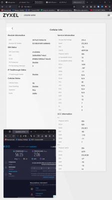 Screenshot porównania parametrów routera Huawei B628-350 oraz wyników testu prędkości internetu.