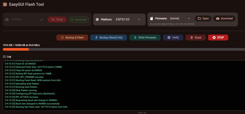 Screenshot of EasyGUI Flash Tool showing progress bar and log during ESP32-S3 flash read