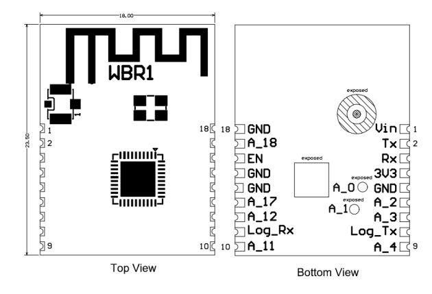 Schematic drawing of the WBR1 module showing top and bottom views with pin labels.