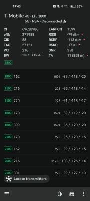 Zrzut ekranu z aplikacji diagnostycznej przedstawiający parametry sieci LTE 1800 T-Mobile, takie jak RSSI, RSRP, RSRQ, SNR oraz taśmę i odległość od nadajnika.
