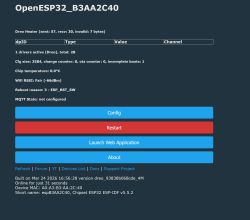 Screenshot of OpenESP32 status page showing Dreo Heater stats and buttons: Config, Restart, Launch Web Application, About.