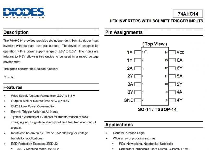 74AHC14 Chip Documentation Section of the 74AHC14 technical documentation with description and pin assignments.