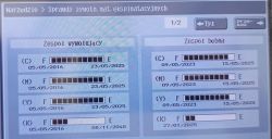 Ekran serwisowy Konica Minolta bizhub C280 pokazujący stan zespołów wywołujących i bębna dla każdego koloru.