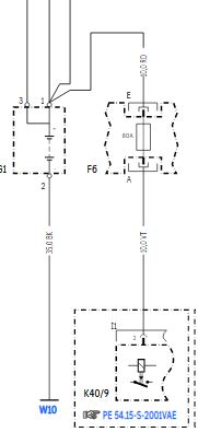 Fragment schematu elektrycznego z bezpiecznikiem F6 80A i połączeniem do modułu K40/9