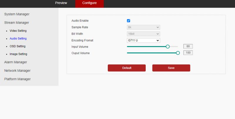 Zrzut ekranu przedstawiający panel ustawień audio kamery IP.
