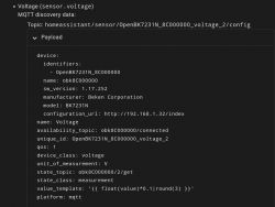 Screenshot of MQTT configuration for the OpenBK7231N device, showing voltage data.