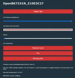 OpenBK7231N software interface with LED control options.