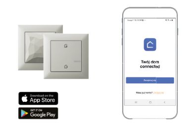 Dwa białe łączniki SUNO obok smartfona z aplikacją „Twój dom connected”.