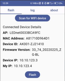Screenshot of an app for managing a WiFi device with connection details.