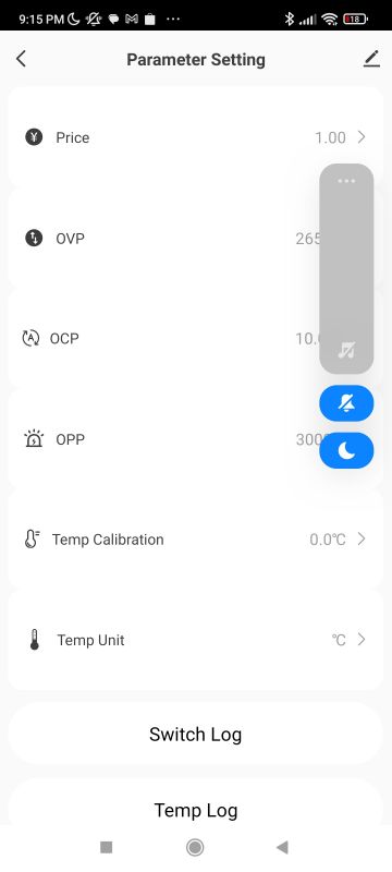 Parameter Settings in Mobile App Parameter settings interface in the plug-in energy meter app.