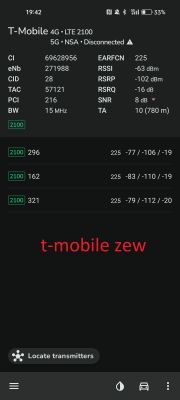 Zrzut ekranu z aplikacji NetMonster pokazujący parametry sygnału LTE 2100 MHz sieci T-Mobile z zaznaczeniem t-mobile zew.