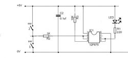 Schemat układu elektronicznego z dwoma przełącznikami i diodą LED.