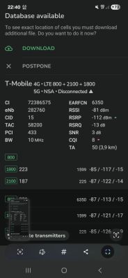Zrzut ekranu z aplikacji NetMonster pokazujący parametry LTE i 5G T-Mobile, w tym siłę sygnału i szczegóły połączenia.
