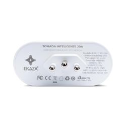 White EKAZA smart plug with three prongs and technical specifications on the back