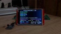 LCD screen interface showing radio station list, current time, and weather data