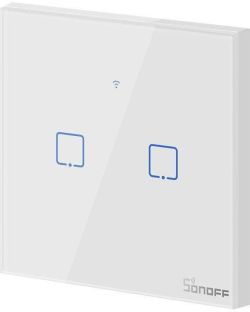 Touch wall switch Sonoff with two blue LED buttons on glossy white panel