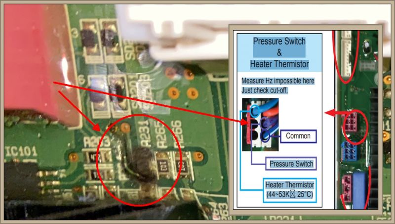 Zdjęcie płytki PCB z zaznaczonymi elementami i instrukcją dotyczącą pomiaru w kontekście presostatu i termistora grzałki.