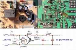 Zdjęcia płytki PCB z przekaźnikiem i schematem obwodu z opisanymi komponentami