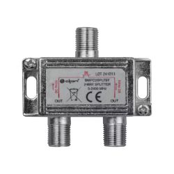 Metalowy rozgałęźnik antenowy 2‑drożny z trzema złączami F, opis „2‑WAY SPLITTER 5–2400 MHz”