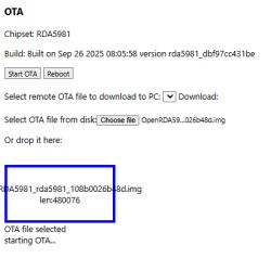 OTA update interface with selected firmware file and chipset information