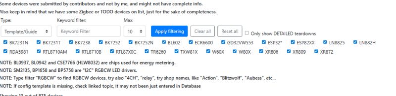 Screenshot of a webpage with keyword filters and a checkbox list of chip/device names.