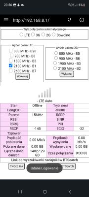 Zrzut ekranu z ustawień routera pokazujący wybór pasm LTE i 3G oraz informacje o stanie sieci.
