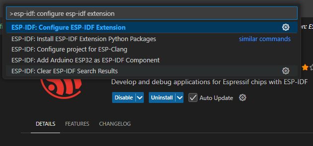 Okno poleceń Visual Studio Code z wybranym „ESP-IDF: Configure ESP-IDF Extension”