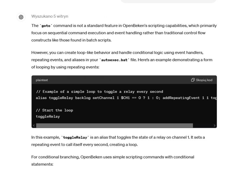 Zrzut ekranu z przykładem skryptu dla OpenBeken.