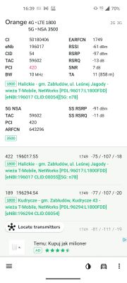 Zrzut ekranu aplikacji prezentujący szczegółowe wyniki pomiarów sieci komórkowej Orange 4G LTE 1800 i 5G NSA 3500 w miejscowości Halickie, gm. Zabłudów.