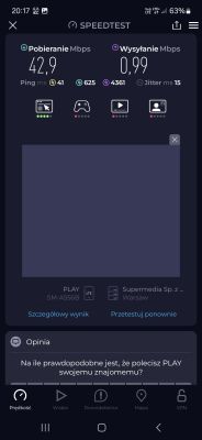 Zrzut ekranu z aplikacji Speedtest pokazujący wyniki testu prędkości internetu mobilnego od operatora Play: pobieranie 42,9 Mbps, wysyłanie 0,99 Mbps, ping 41 ms.