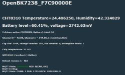 Screenshot of sensor status: temperature, humidity, battery level/voltage, Wi‑Fi RSSI, and MQTT connection.
