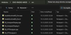 Screenshot of the “src” folder in the EVO-RADIO-MOD Arduino project with .cpp and .h files