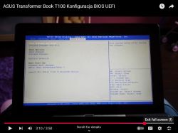 Ekran laptopa ASUS Transformer Book T100 z otwartym BIOS-em UEFI, pokazujący zakładkę Save &amp; Exit narzędzia Aptio Setup Utility.
