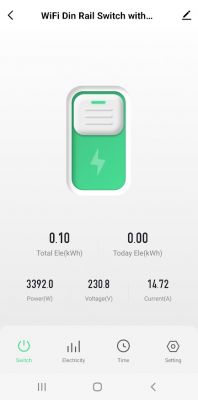 Screenshot of an app displaying a WiFi DIN rail switch with power measurement.