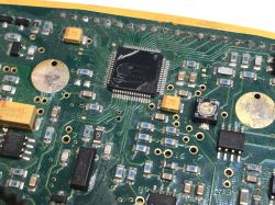 Close-up of a circuit board inside a metal detector.