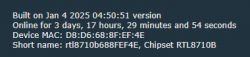 Screenshot displaying system information, including build date, uptime, MAC address, and chipset details.