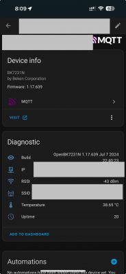 BK7231N device screen with diagnostic information in the Home Assistant app.