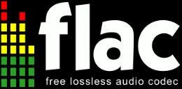 FLAC logo: white “flac” on black background with colored square grid on the left