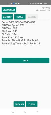 Aplikacja do kontroli hulajnogi Xiaomi z danymi technicznymi.