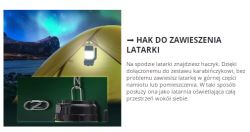 Nocne zdjęcie lampki kempingowej zawieszonej wewnątrz namiotu.