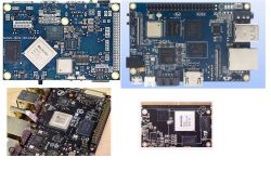 Cztery płytki PCB z chińskimi procesorami i układami pamięci widocznymi z góry